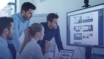 Team collaborating around monitor displaying modern website layout for professional web design services in Pakistan.
