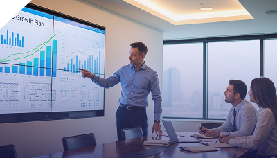 Manager pointing to growth plan with rising bar charts and line graphs on large screen for the success of its ERP software in Pakistan.
