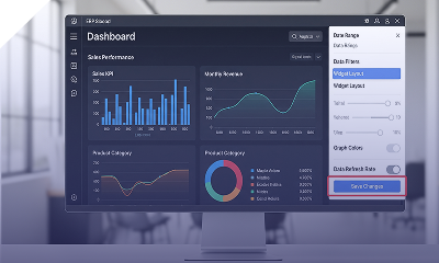 Customizing sales performance dashboard with KPI charts and widget layout in modern ERP software.