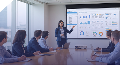 Business professional presenting detailed ERP analytics dashboards with charts to team in meeting room.