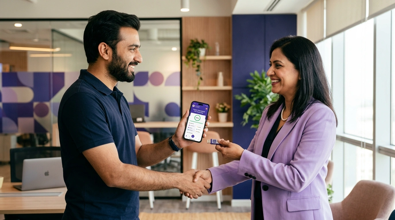 App Developer handing the code in a USB to its rightful owner