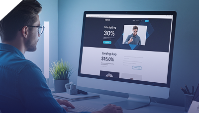Professional viewing dark-themed marketing landing page offering 30% discount on desktop screen.