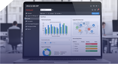 Oracle EBS ERP dashboard displaying revenue charts, supply chain overview, and financial metrics.