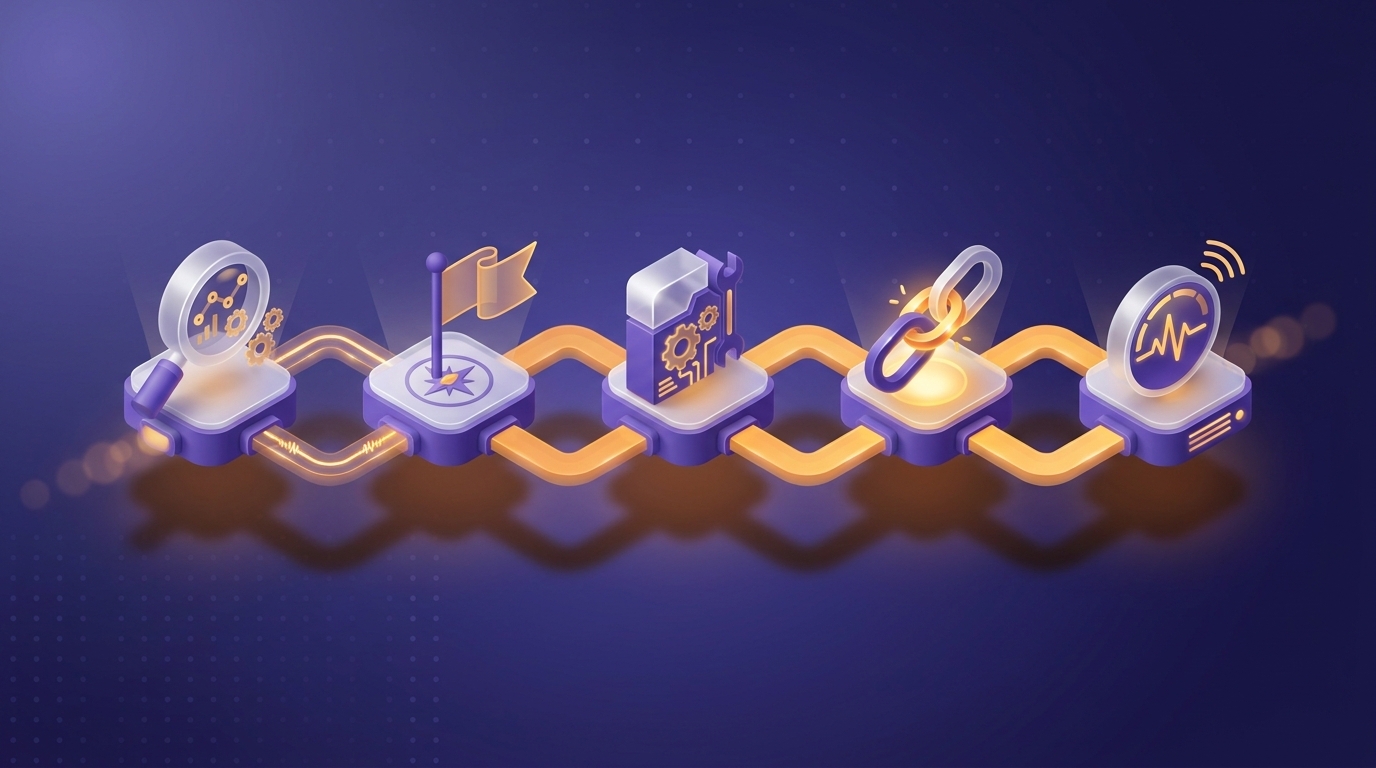 SEO process timeline illustration representing monitor and refine