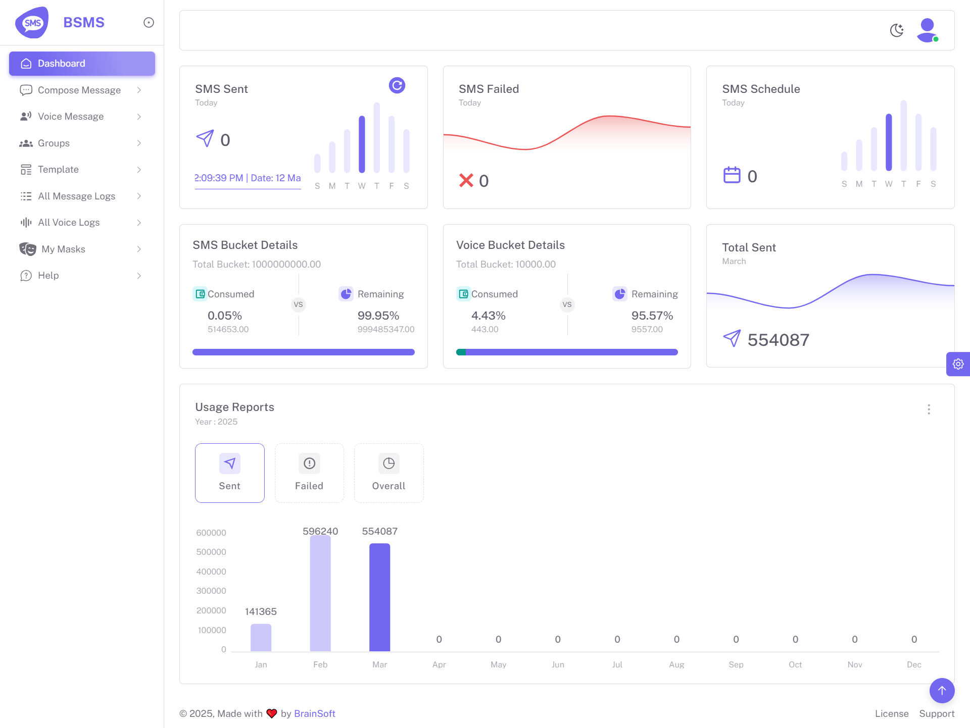 Dashboard showing SMS sent, failed, metrics, and usage reports for BSMS: The leading SMS service provider in Pakistan.