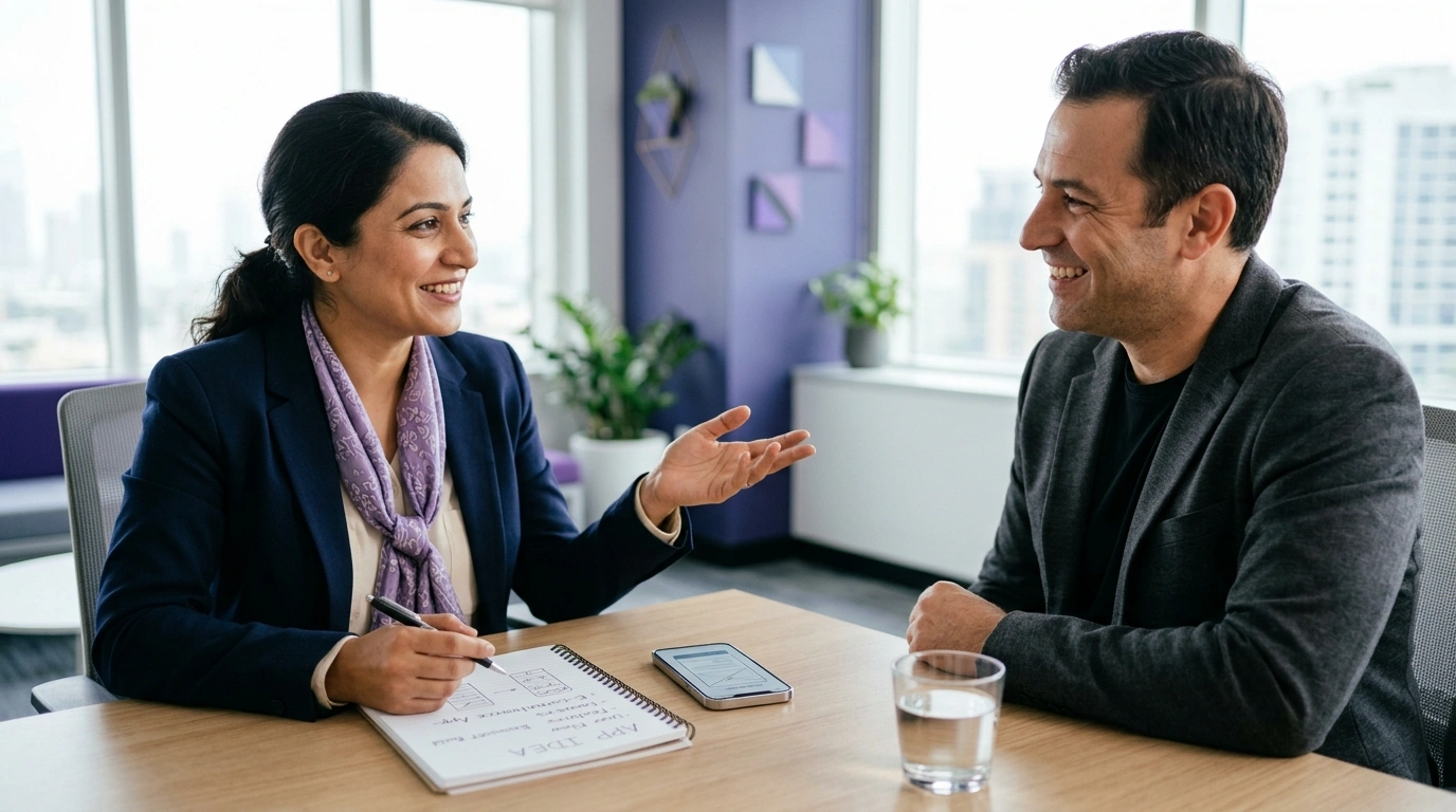 Group testing an app on multiple devices, mobile app developers Pakistan working together in a meeting.