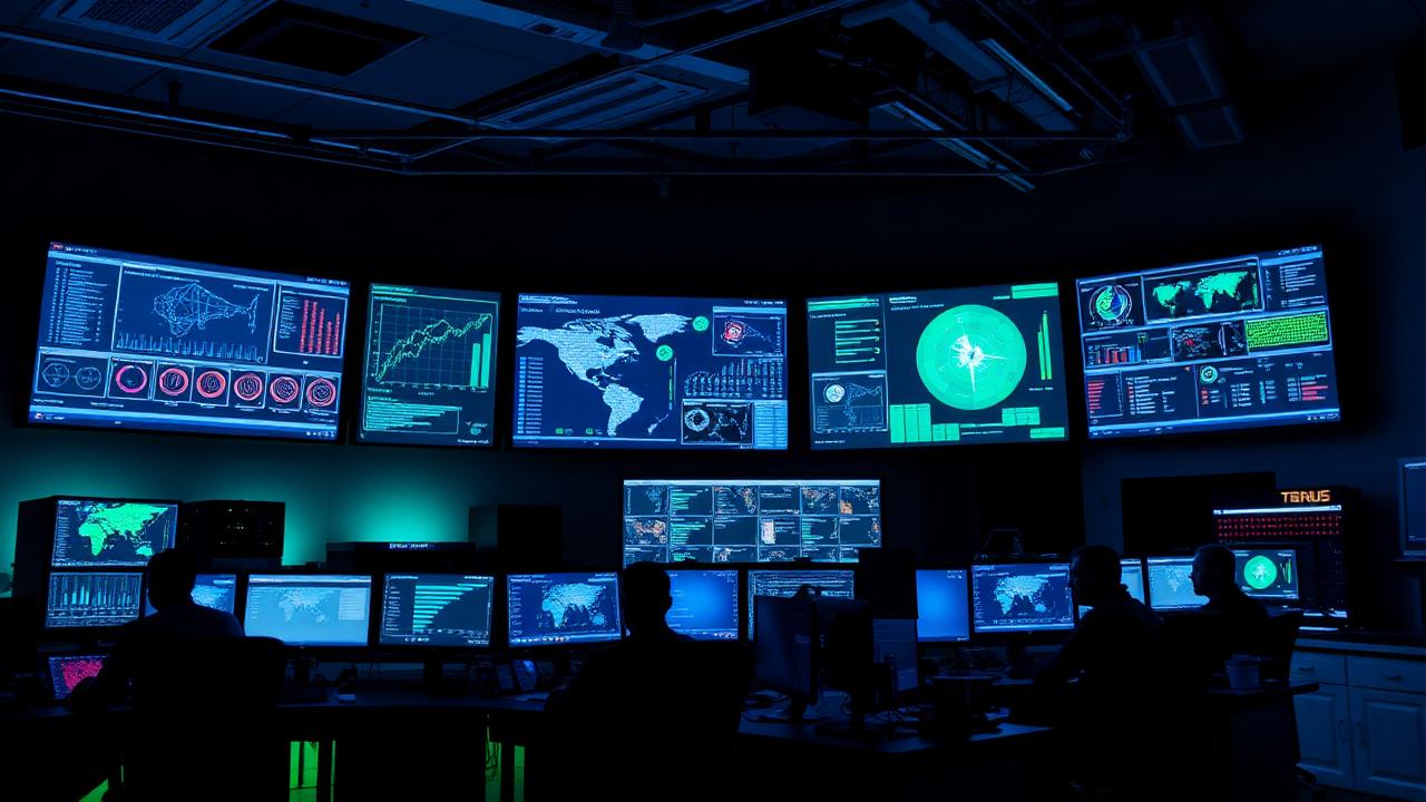 Network operations centre with monitoring dashboards