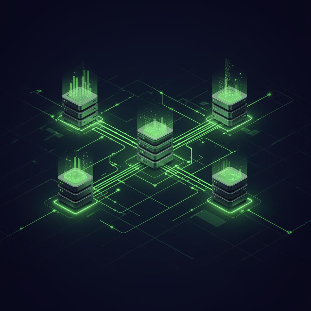 Isometric visualization of cloud servers connected by glowing network paths