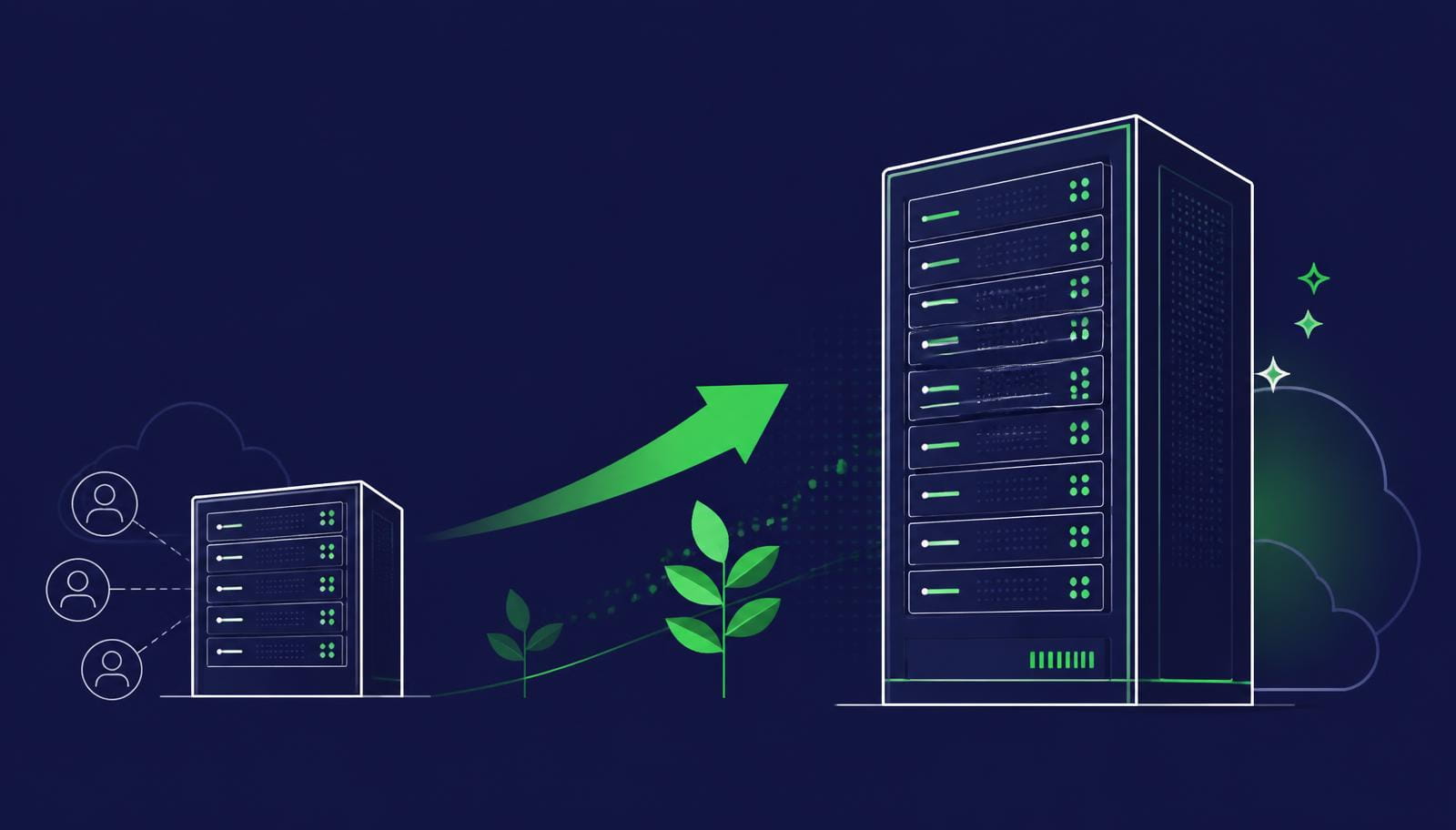 Illustration of a small shared hosting server growing into a larger dedicated VPS server