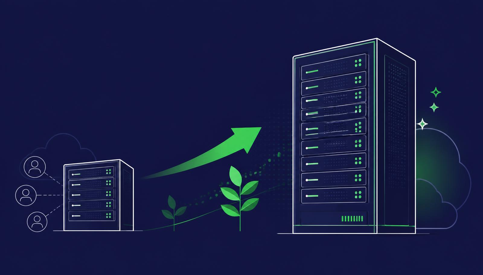 Illustration of a small shared hosting server growing into a larger dedicated VPS server